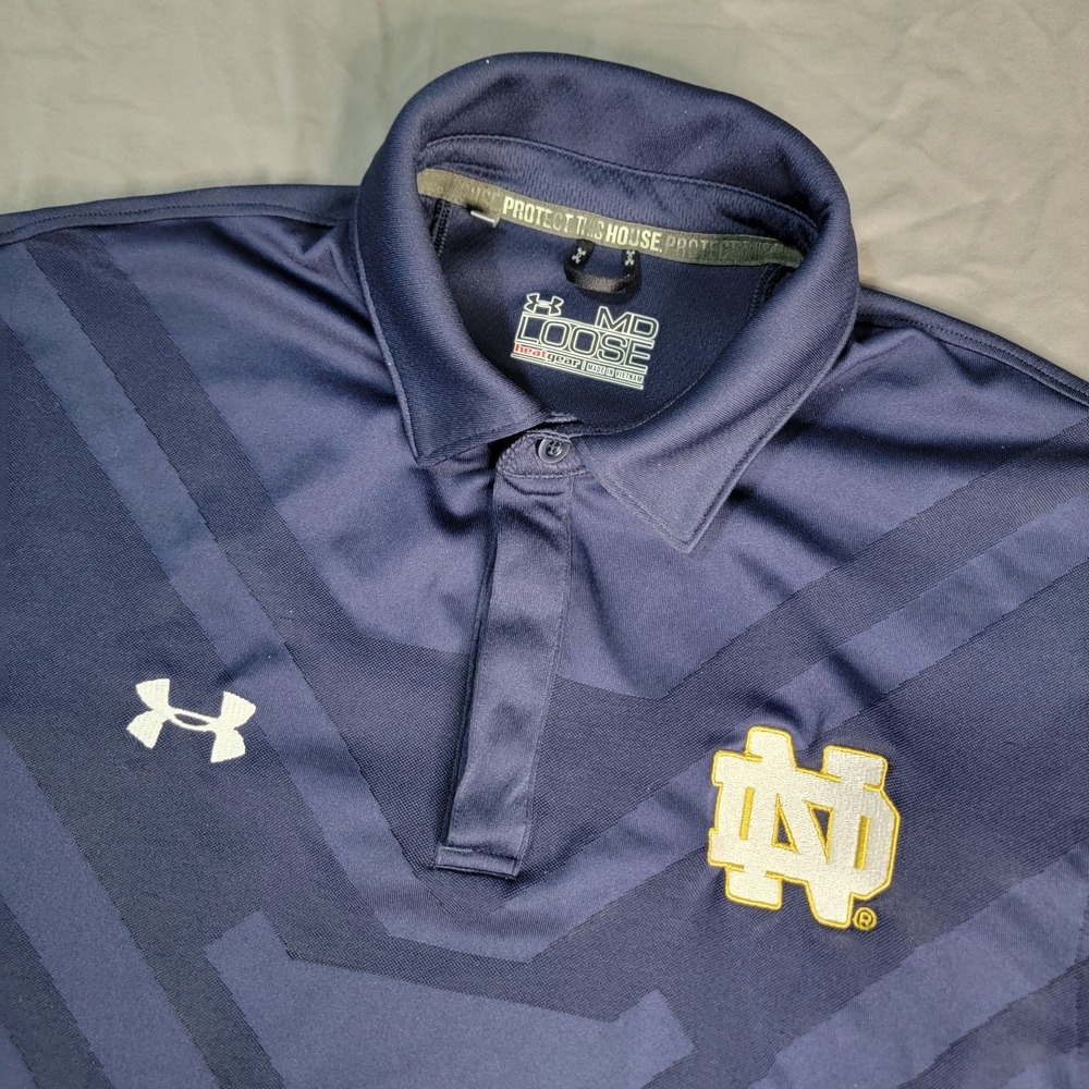 Notre Dame Under Armour Polo Men's Medium Navy Short Sleeve Loose Heat Gear Y2K